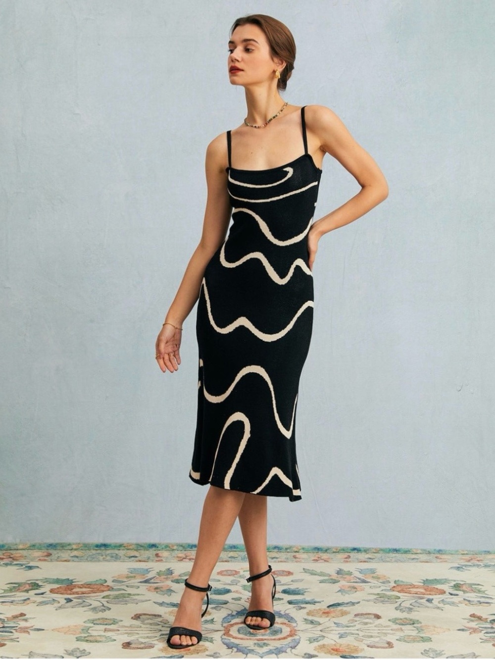 RIHOAS The Black Wave Mermaid Hem Knit Midi Dress